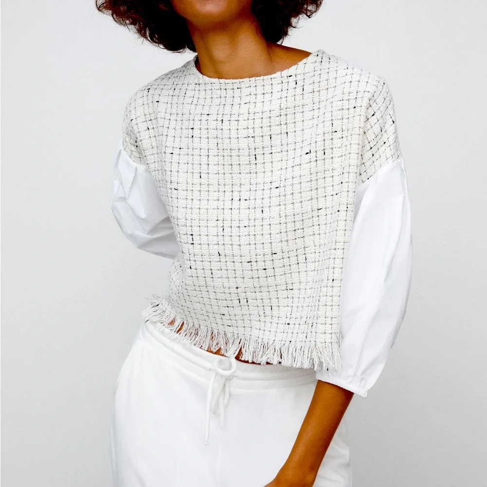 Zara Contrast Textured Tweed and Poplin Top. Size XS